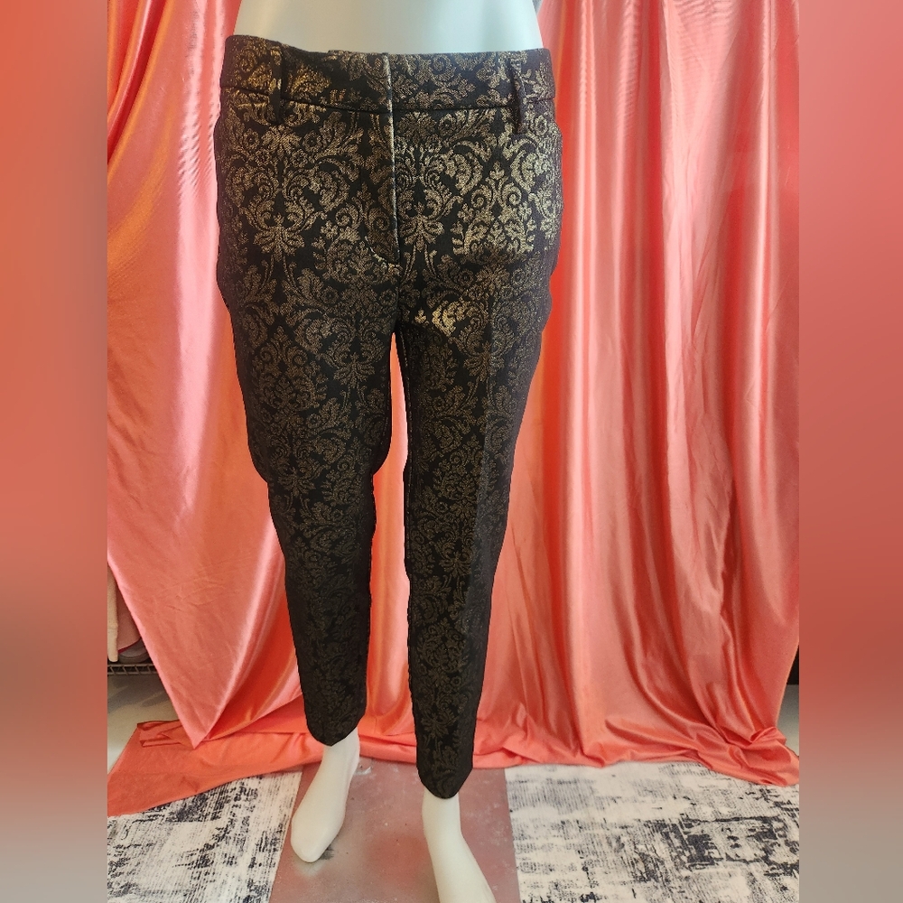 Worthington SIZE 6 Elegant Black and Gold Brocade Pants SLIM ANKLE